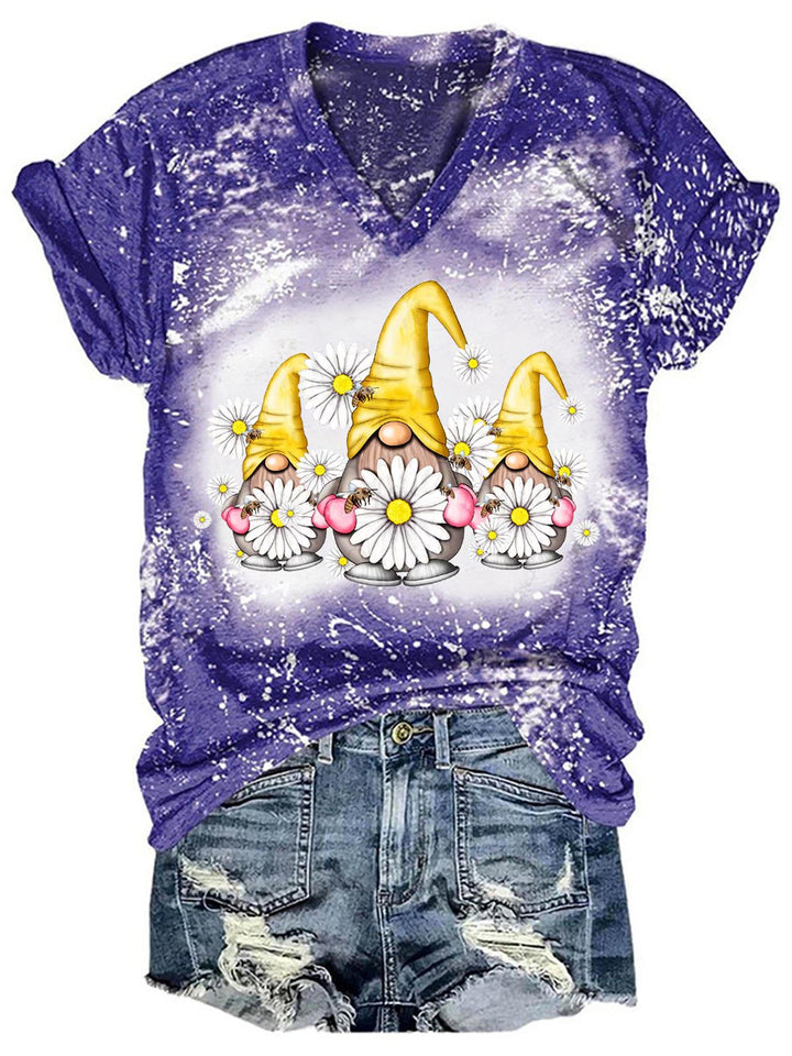 Women's Spring Gnome Floral Print Tie Dye Top