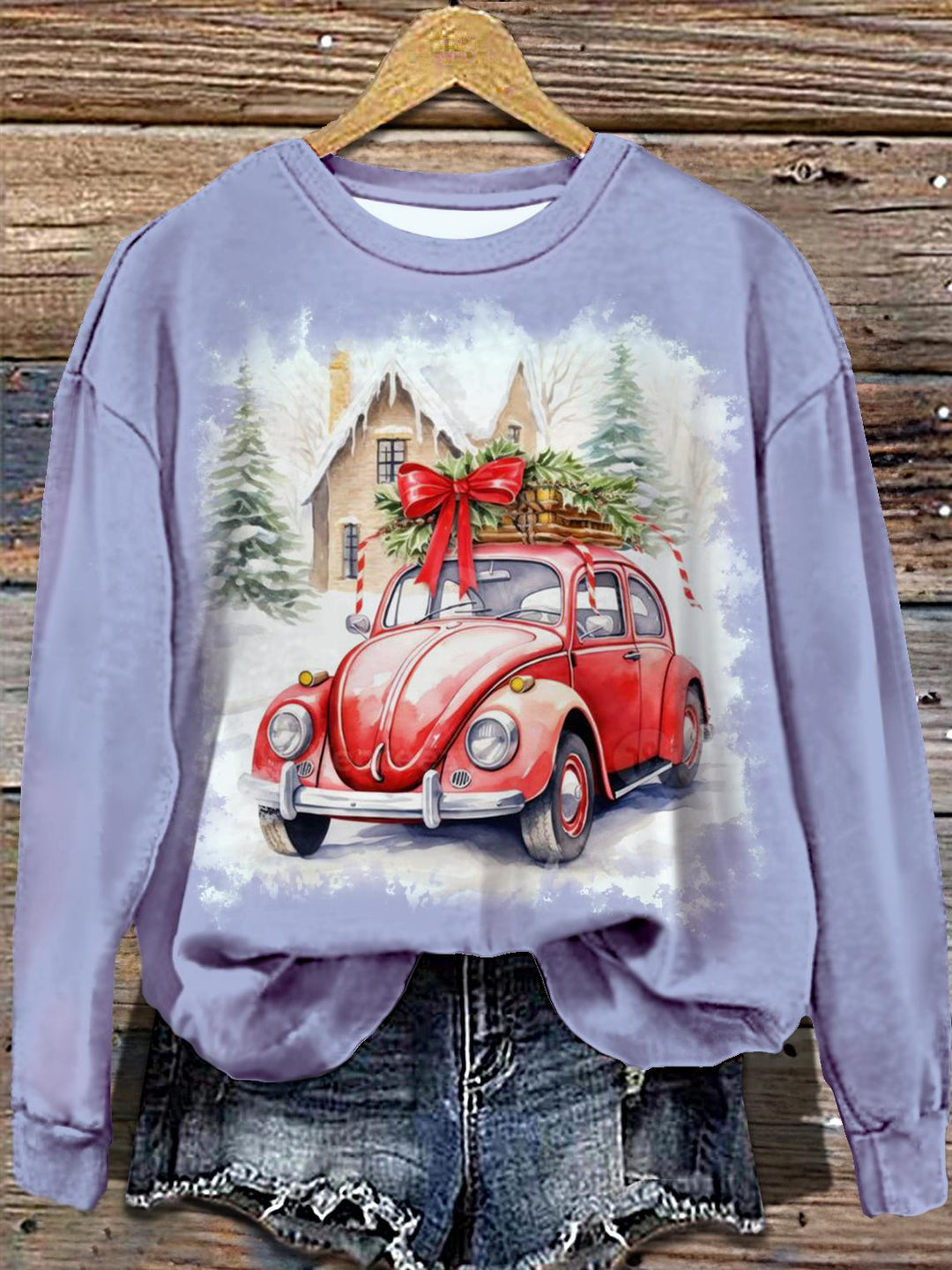 Women's Christmas Little Red Car Festival Christmas Tree Printed Round Neck Long Sleeve Top