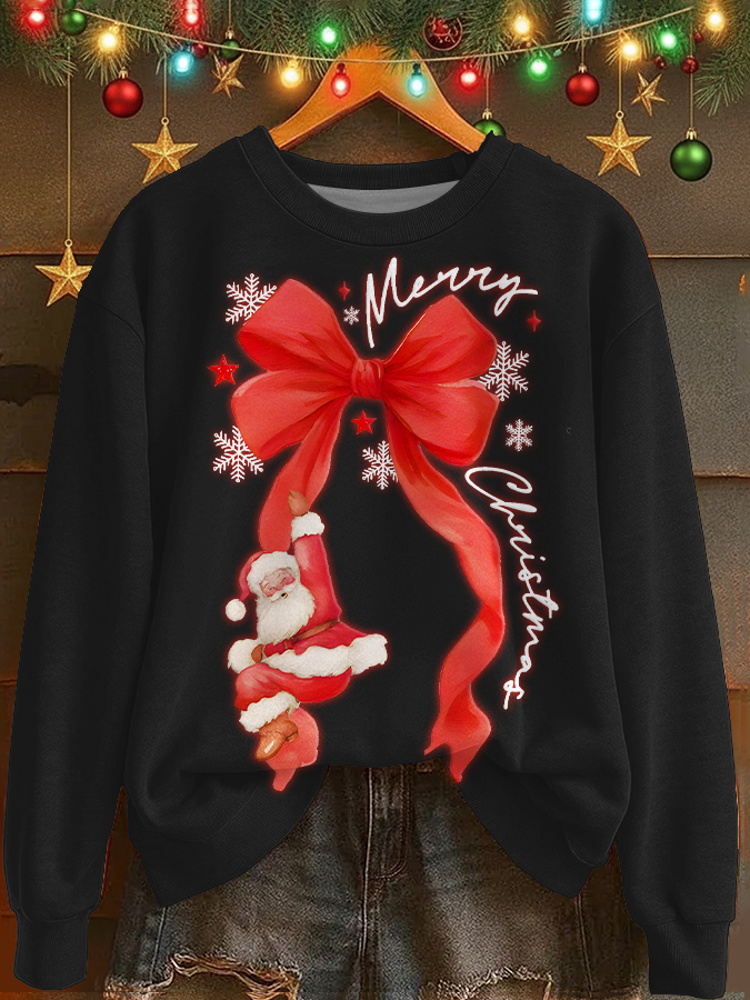 Coquette Merry Christmas With Santa Printed Long Sleeve Casual Top