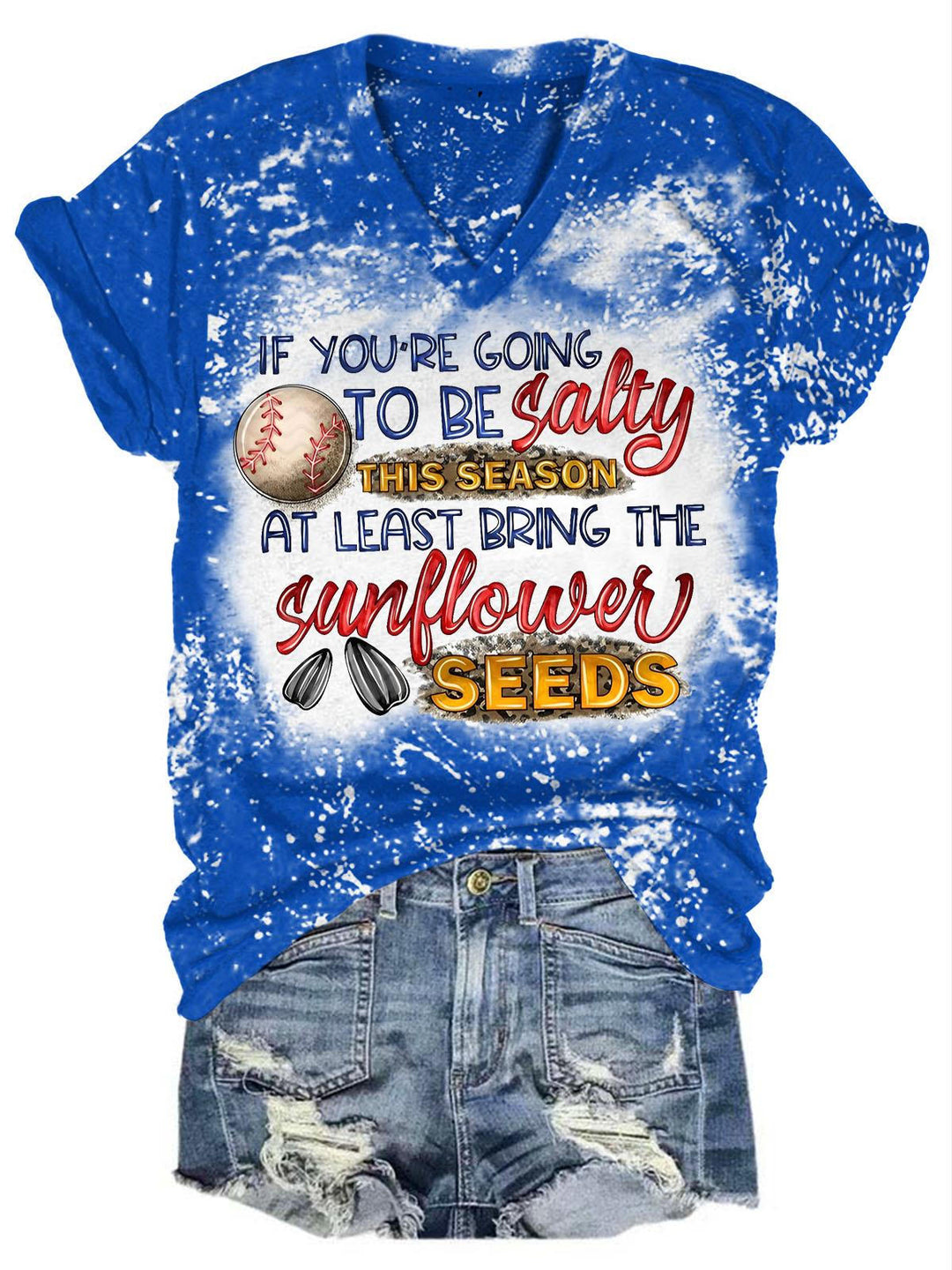 Salty Sunflower Seeds Baseball Print V-Neck T-Shirt