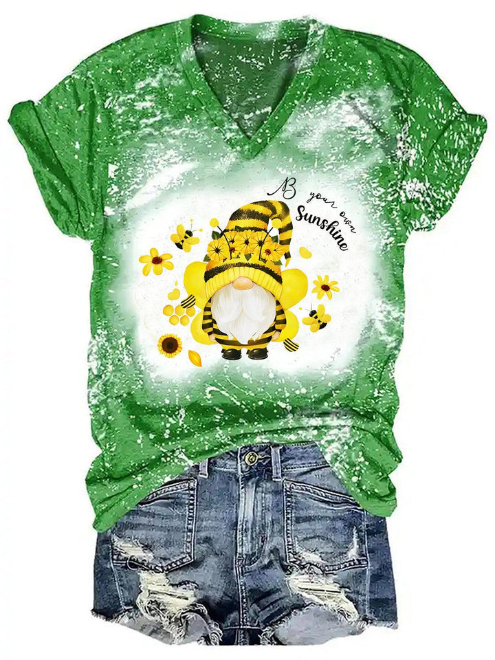 Women's Gnome Bee Print V-Neck T-Shirt