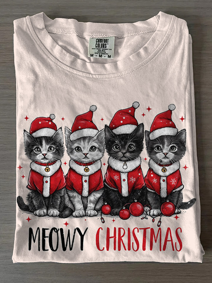 Women's Cute Christmas Cat Crew Neck T-shirt