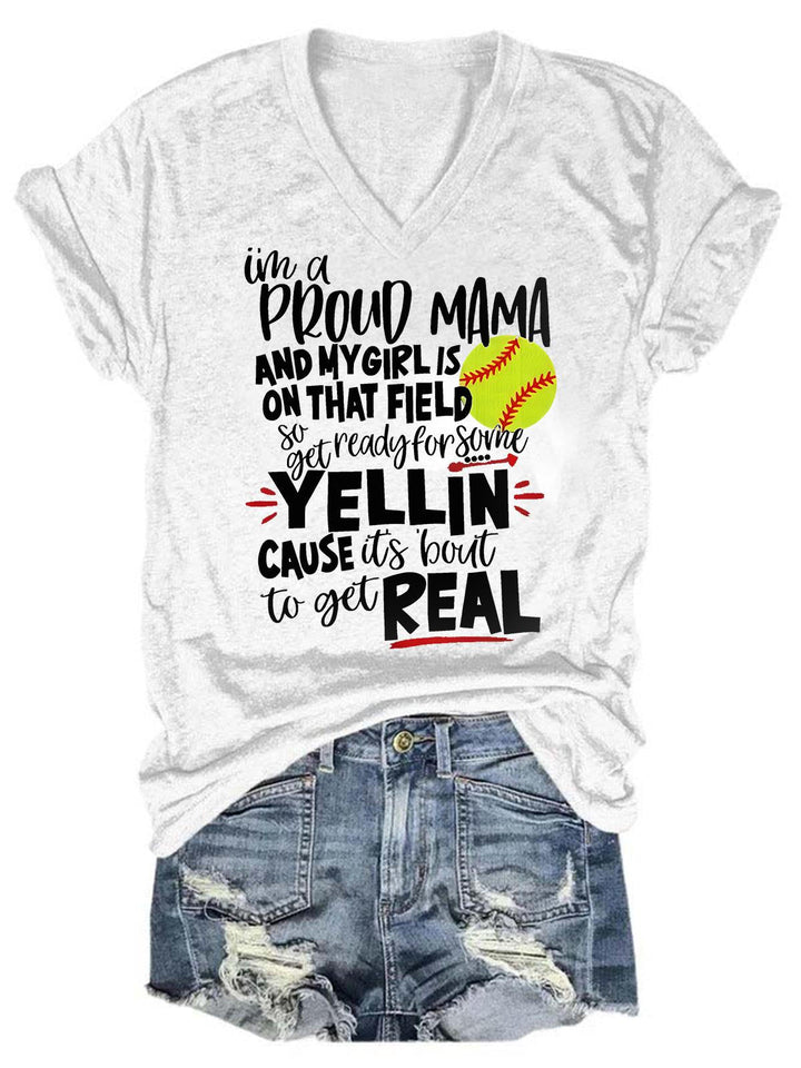 Proud Softball Mama V Neck T-Shirt