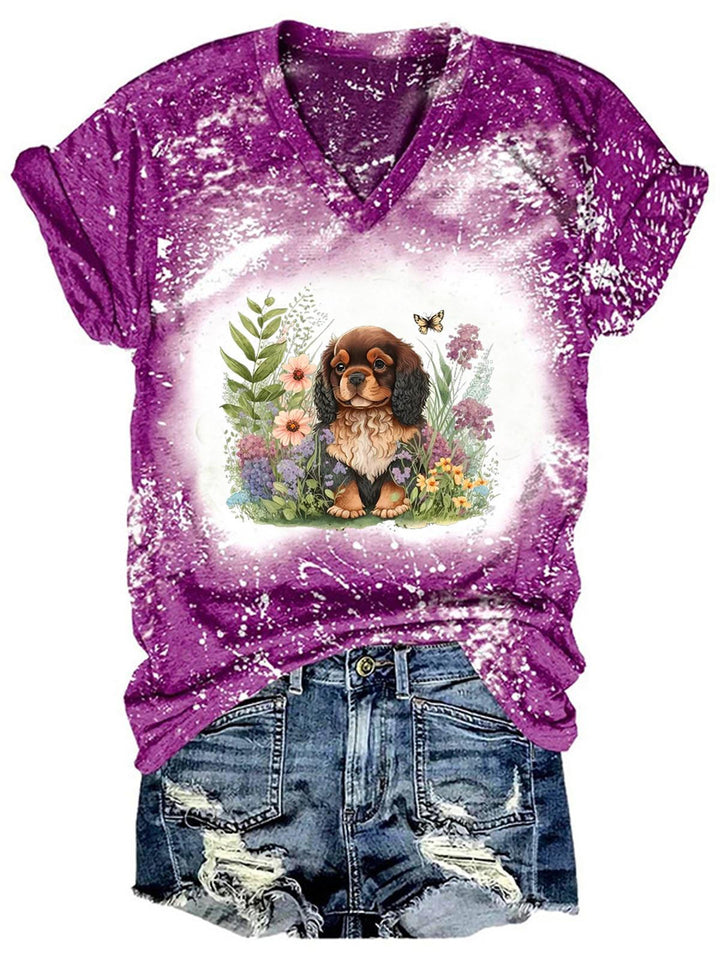 Women's Floral Dog Print Tie Dye Top