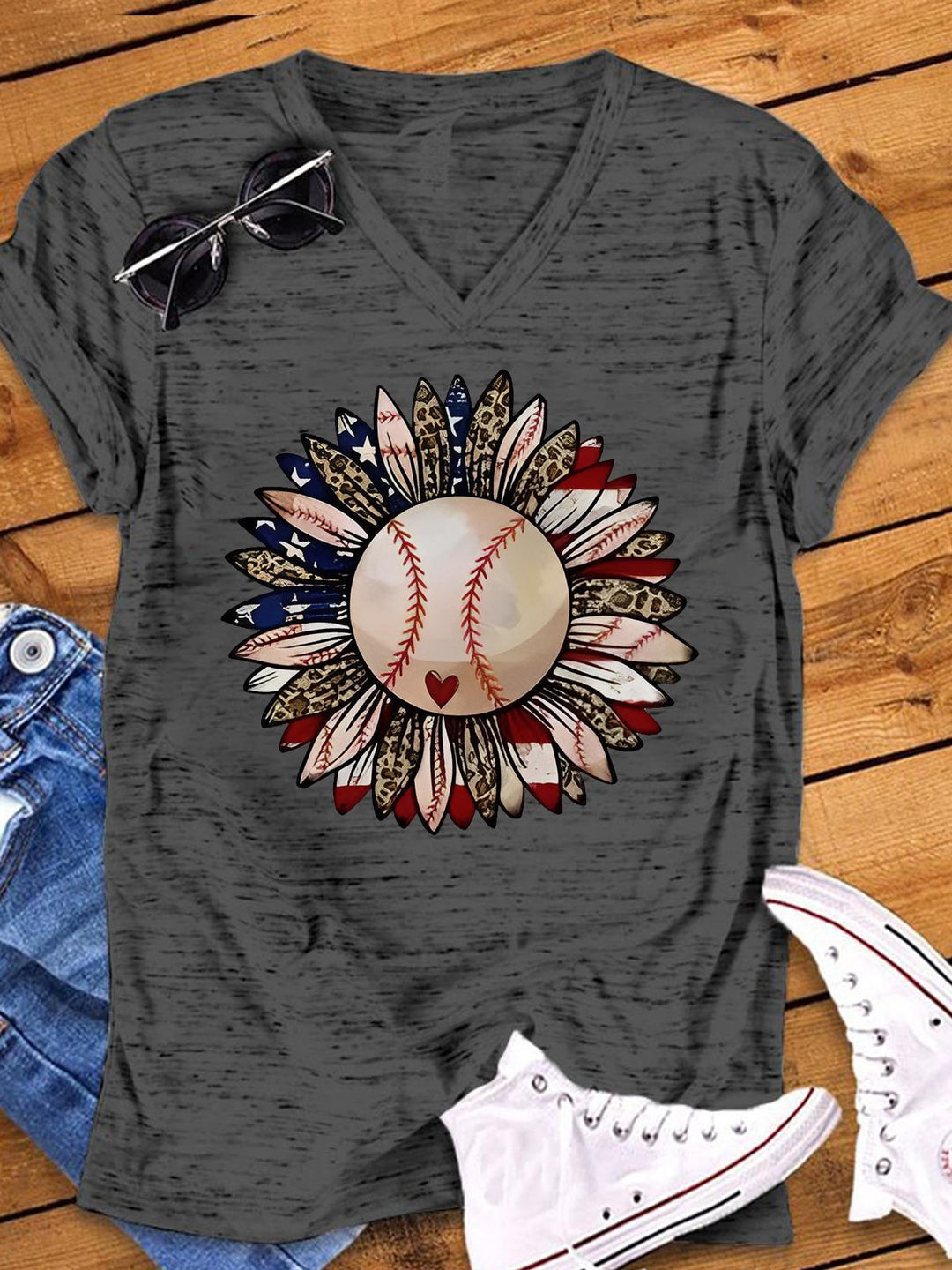 Leopard Baseball Sunflower V-Neck T-Shirt