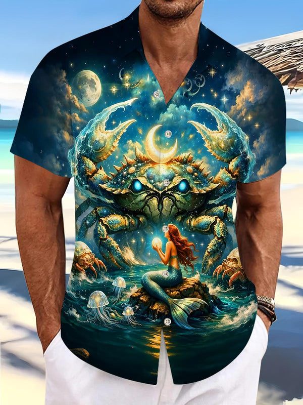 Dark Mermaid Night Guarded By Giant Crab Men's Pocket Short Sleeve Shirts