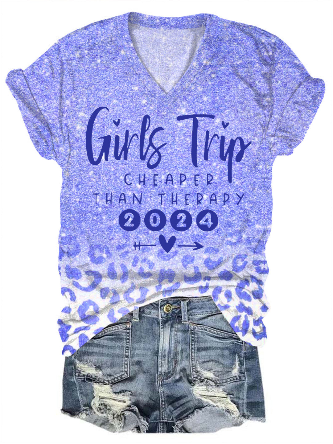 Girls Trip Cheaper Than Therapy 2024 Leopard Glitter Print V-Neck Top