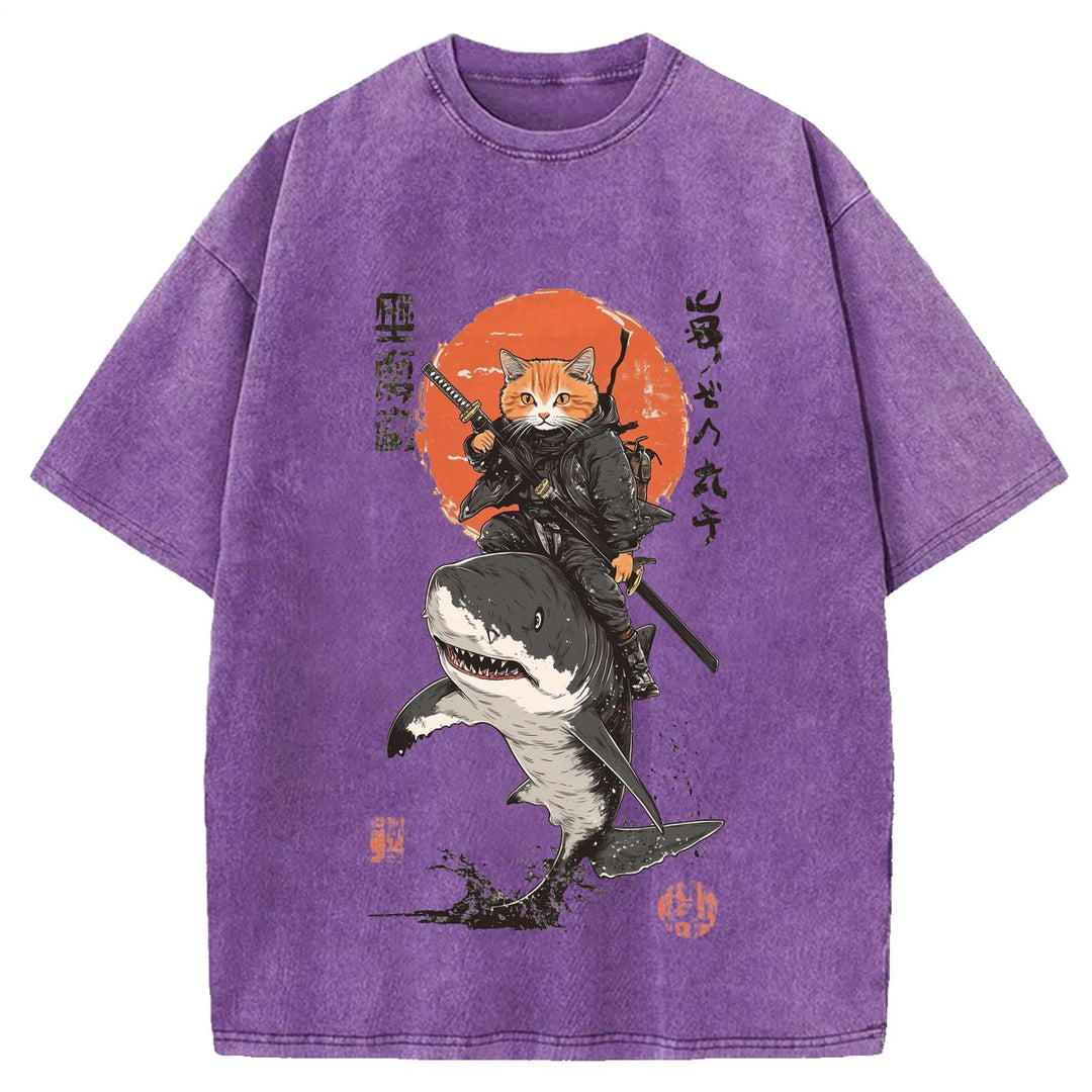 Japanese Cat Warrior Print Retro T-shirt
