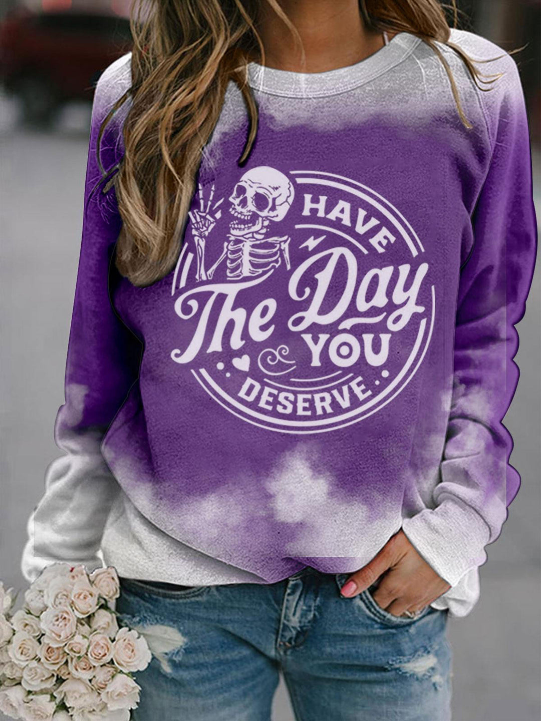 SKULL HAVE THE DAY YOU DESERVE Printed Crew Neck Top