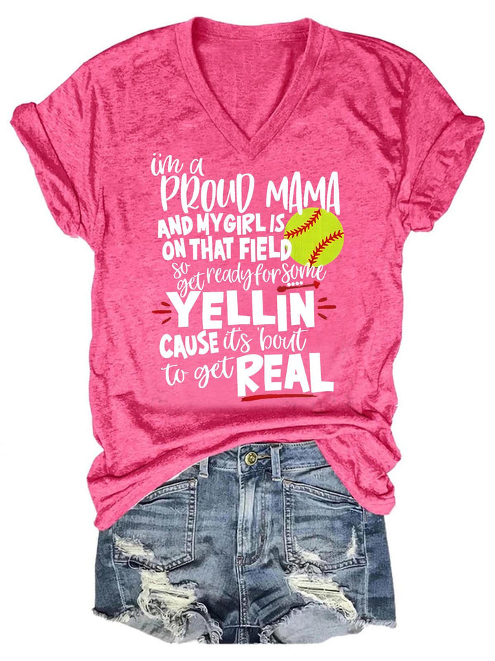 Proud Softball Mama V Neck T-Shirt