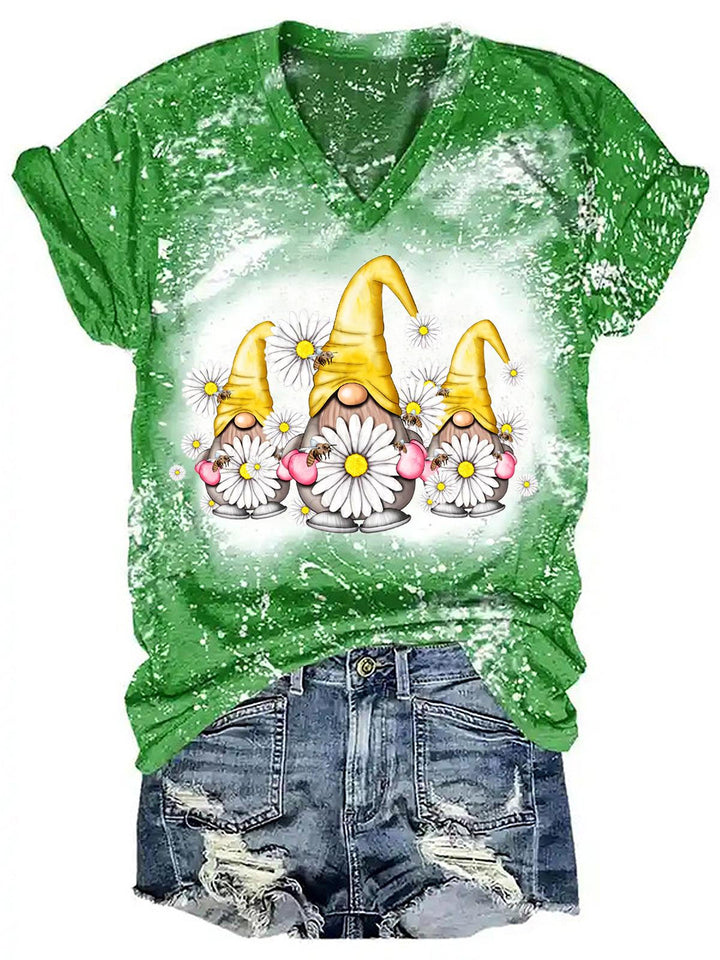 Women's Spring Gnome Floral Print Tie Dye Top