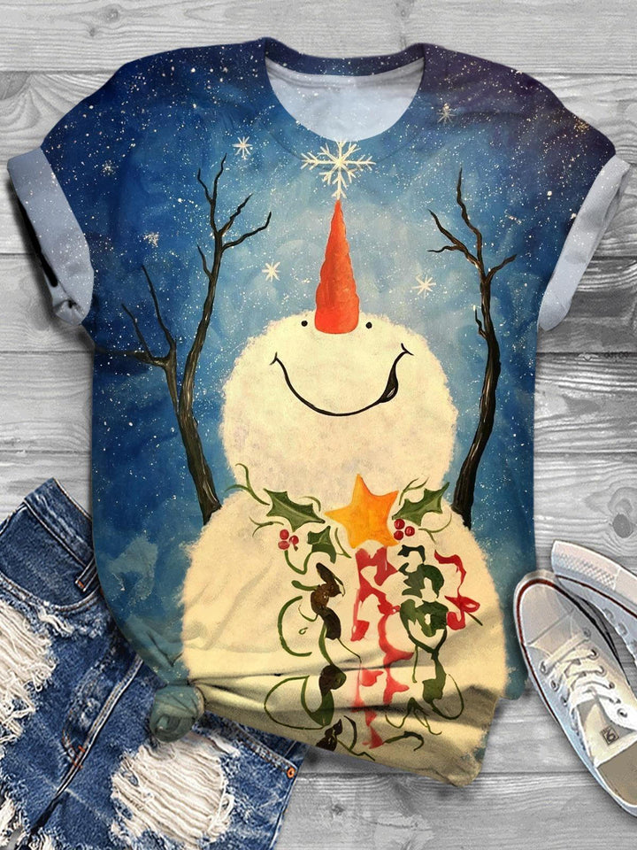 Happy Snowman In Winter Crew Neck T-shirt