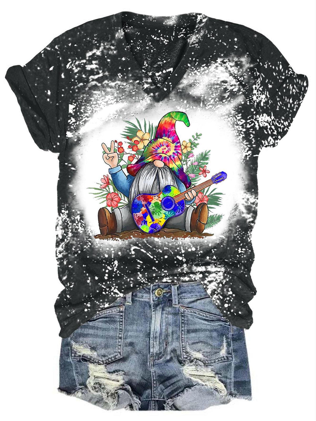 Women's Gnome Guitar Tie Dye Print Casual T-Shirt