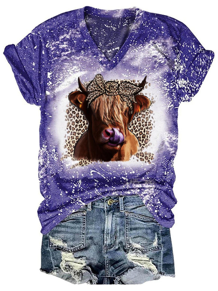 Women's Highland Cow V-Neck Tie Dye Tee