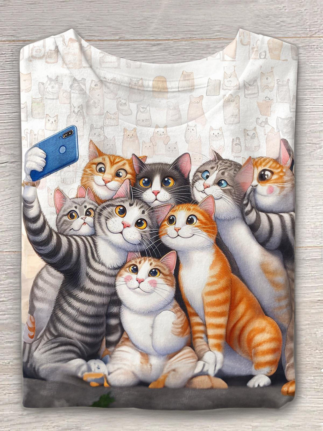 Retro Cute Selfie Kitten Print Crew Neck T-shirt