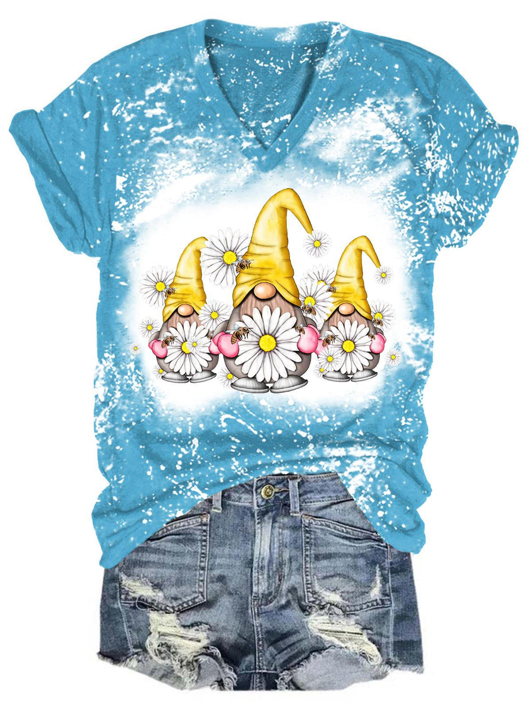 Women's Spring Gnome Floral Print Tie Dye Top