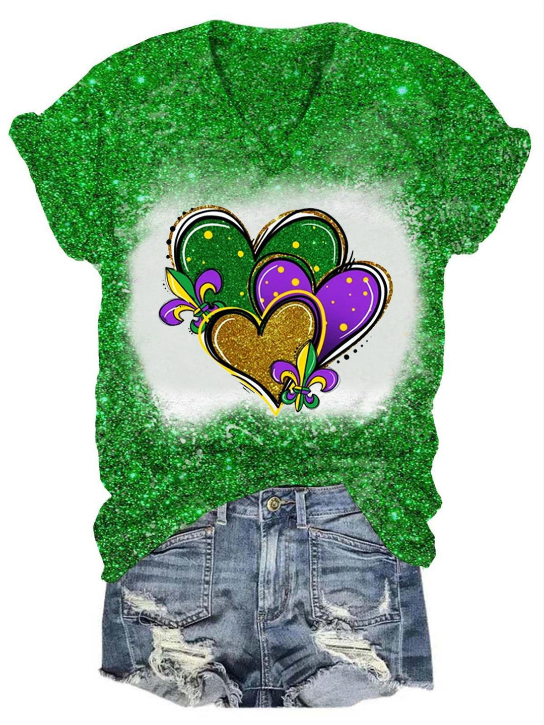 Women's Glitter Mardi Gras Heart Print T-Shirt