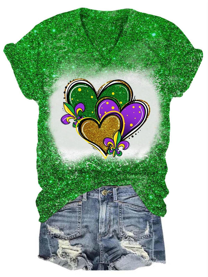 Women's Glitter Mardi Gras Heart Print T-Shirt