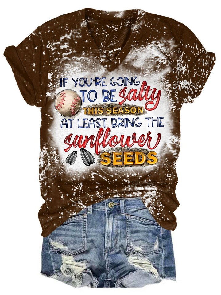 Salty Sunflower Seeds Baseball Print V-Neck T-Shirt