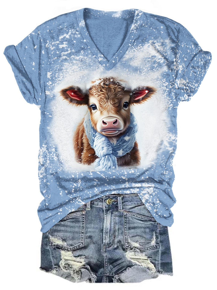 Women's Winter Cow Tie Dye Print Short Sleeve Top