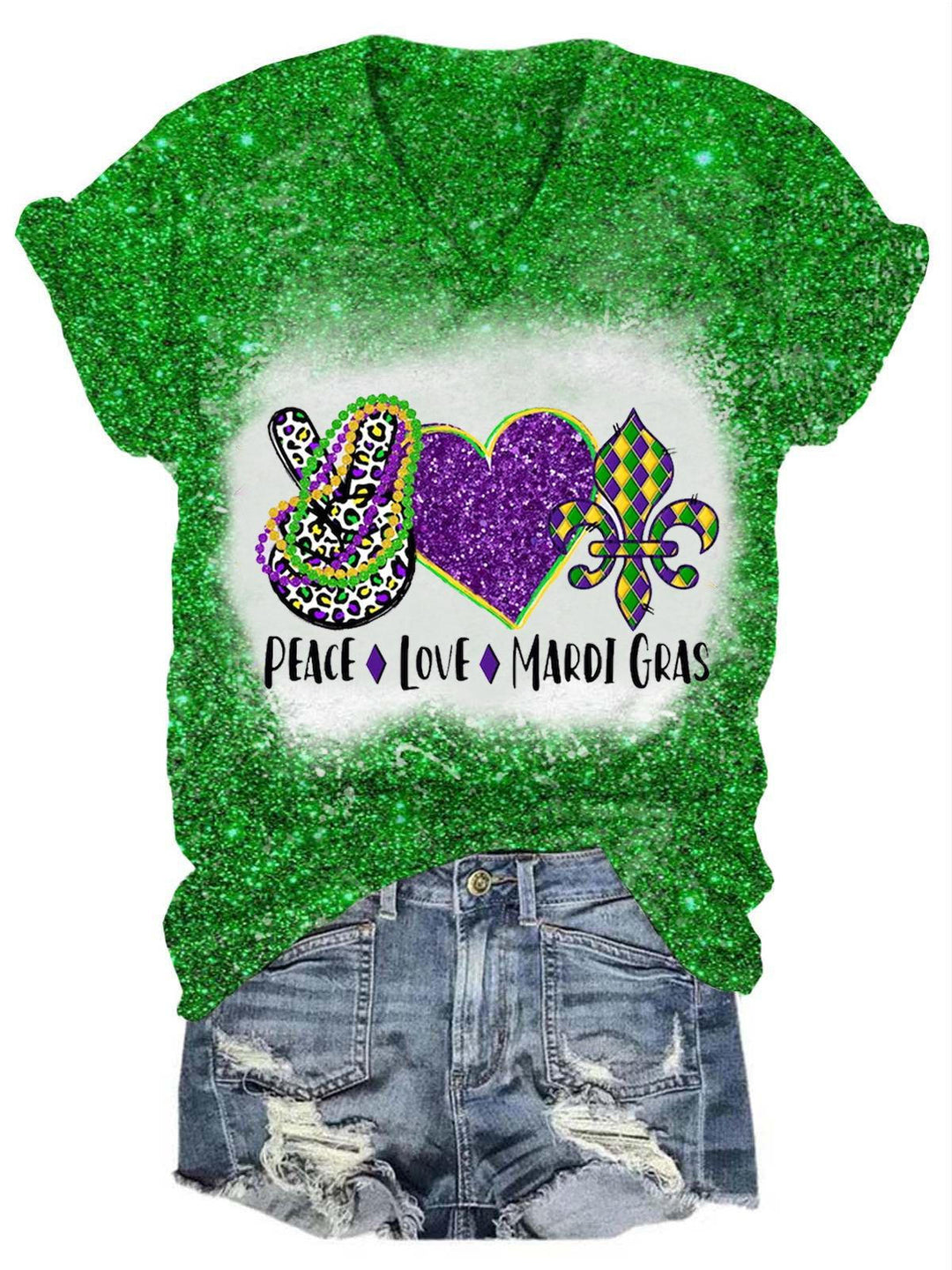 Glitter Peace Love Mardi Gras Print T-Shirt