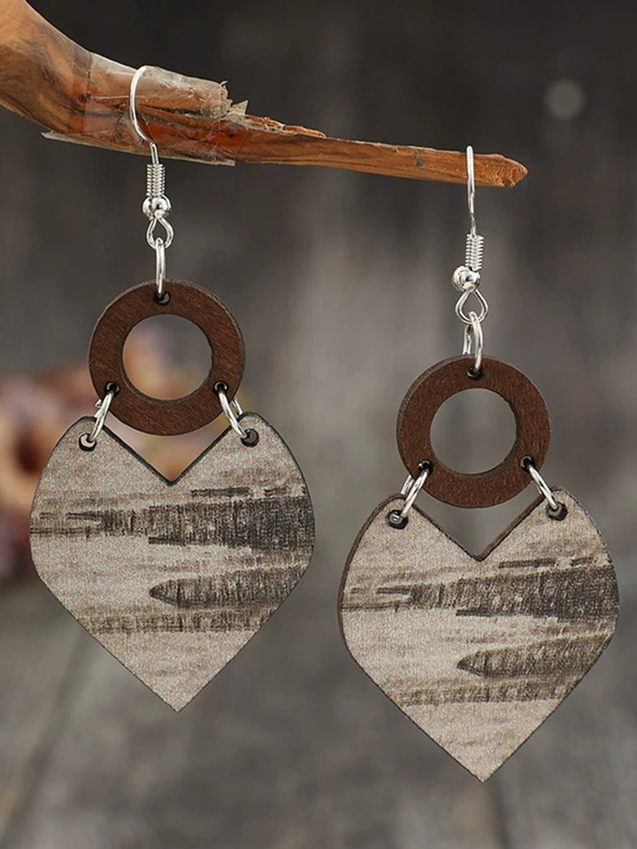 Valentine's Day Heart Splicing Hollow Circle Vintage Wooden Earrings