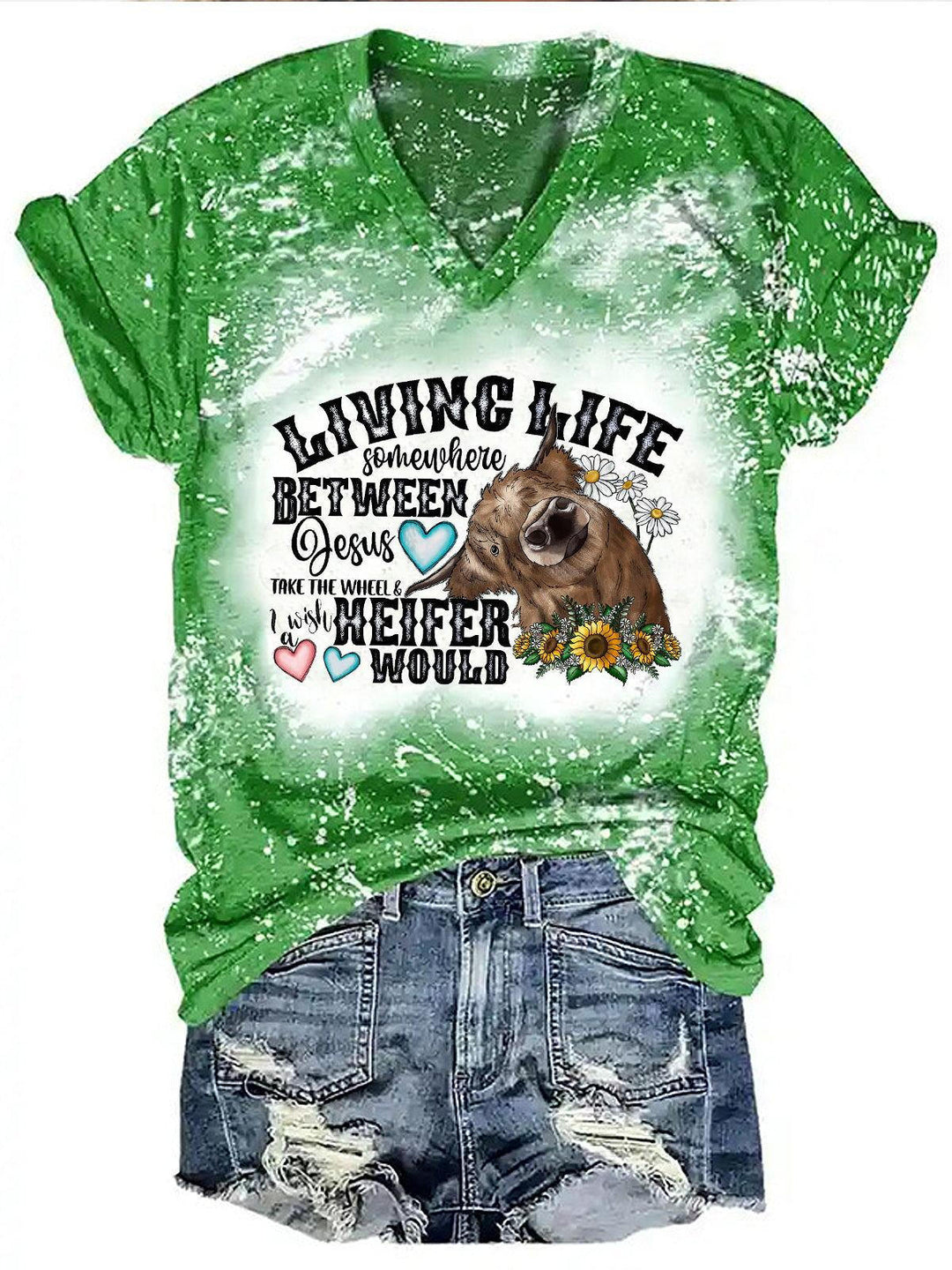 Living Life Somewhere Between Jesus Take The Wheel And I Wish A Heifer Would Print Tie Dye T-shirt