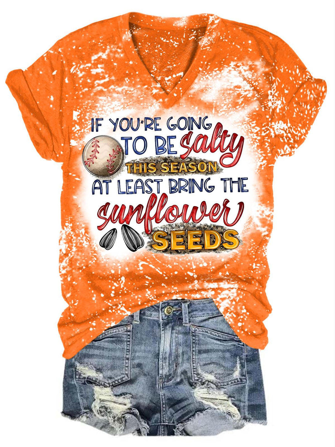 Salty Sunflower Seeds Baseball Print V-Neck T-Shirt