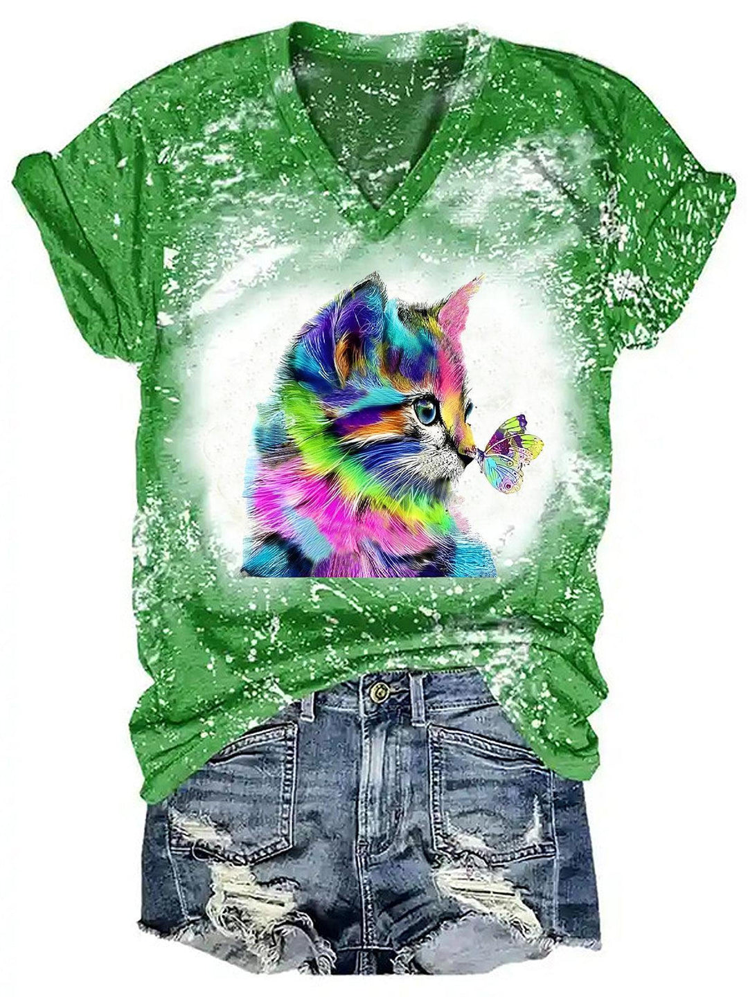 Women's Cat Butterfly Print Tie-Dye V-Neck Casual Top