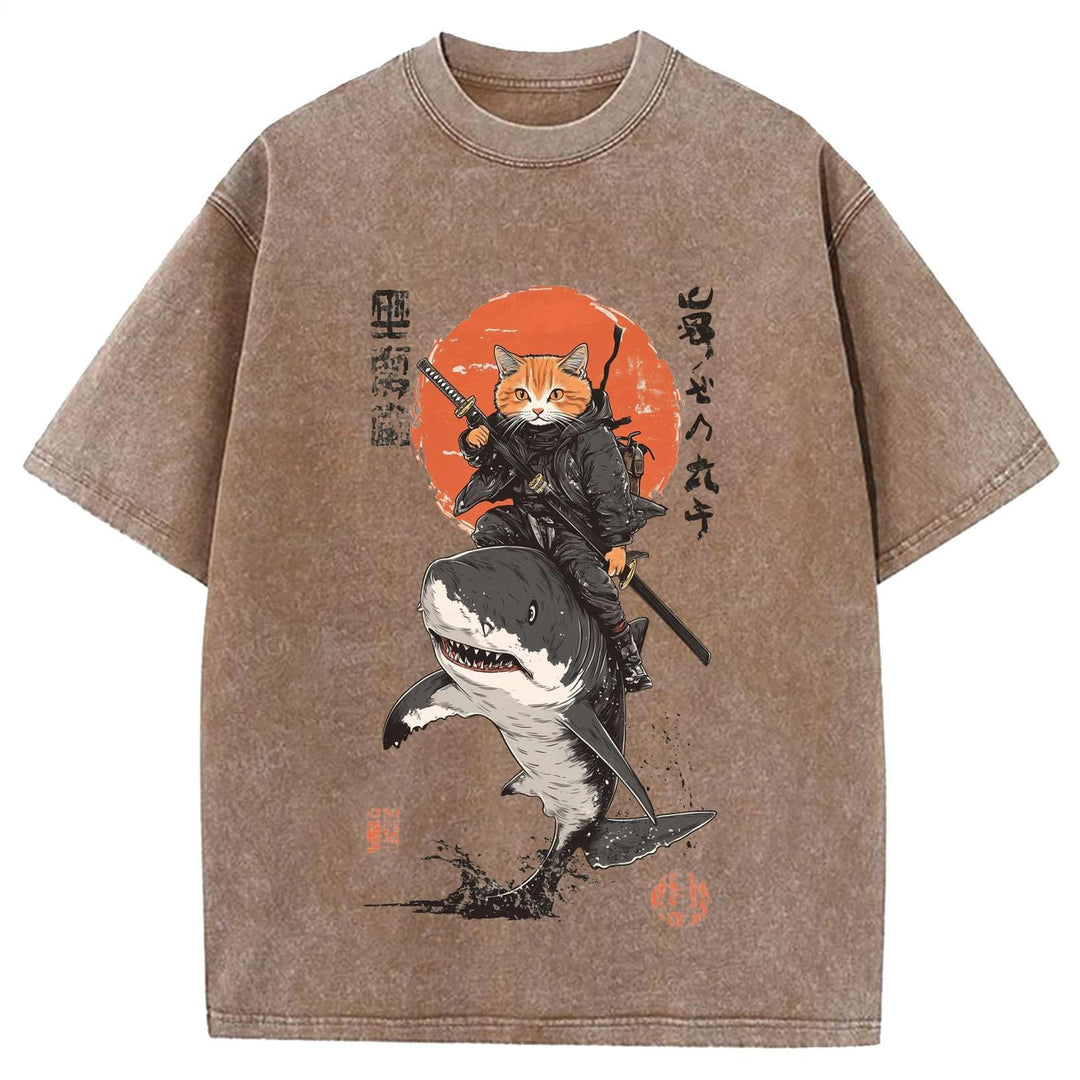 Japanese Cat Warrior Print Retro T-shirt