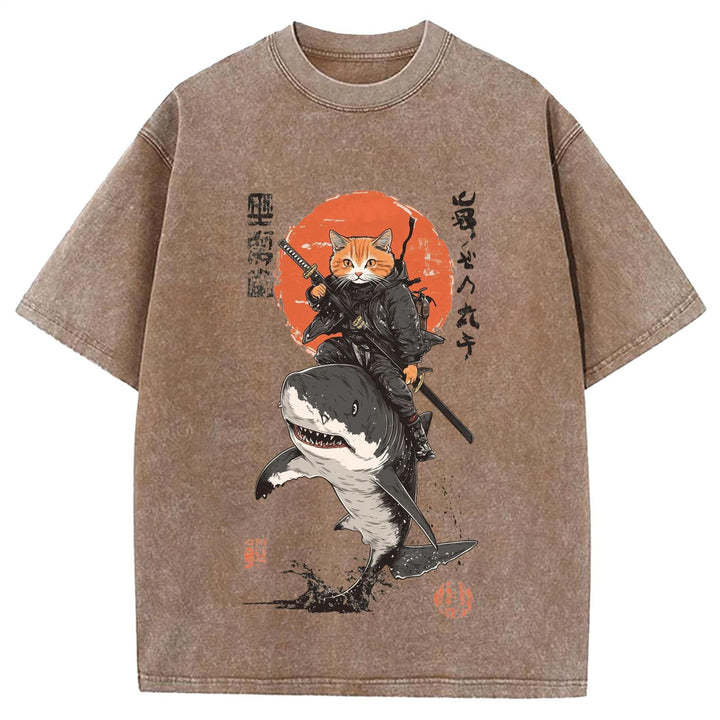 Japanese Cat Warrior Print Retro T-shirt