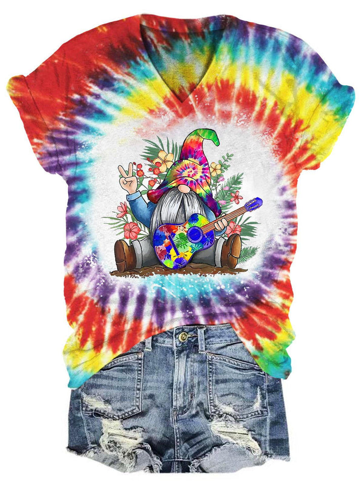 Women's Gnome Guitar Tie Dye Print Casual T-Shirt