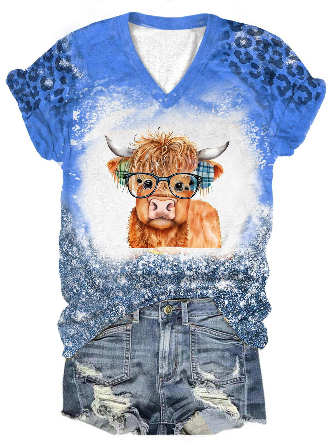 Women's Funny Highland Cattle Leopard Glitter Print Top