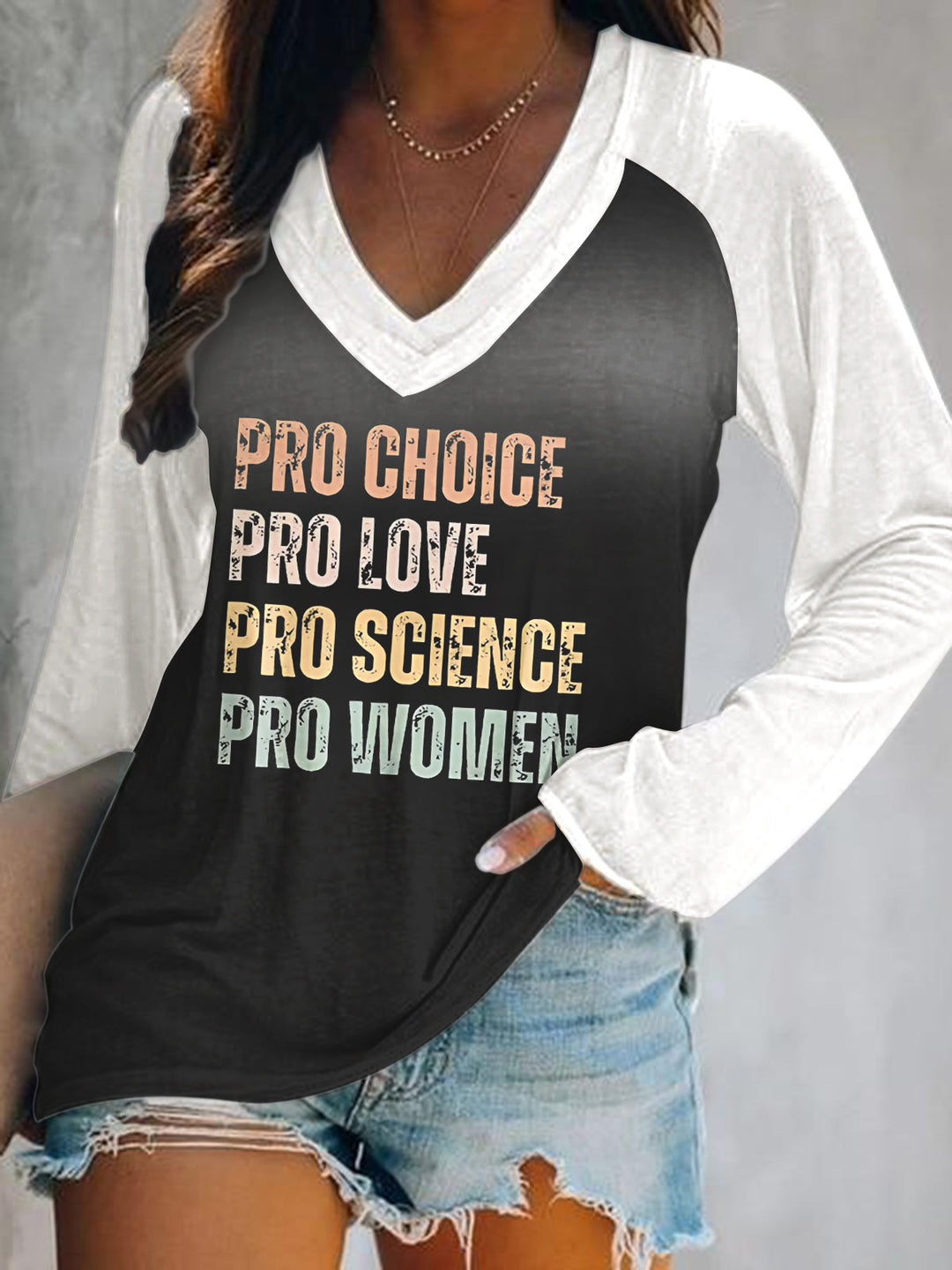 Pro Choice Women Print V-Neck Long Sleeve Top