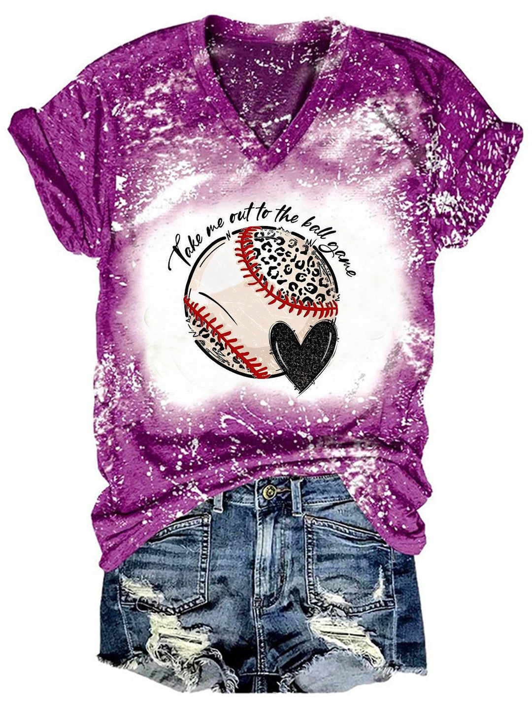 Women's Baseball Print V-Neck Tie Dye Top