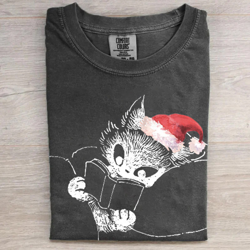 Christmas Reading Kitten Print Retro T-shirt