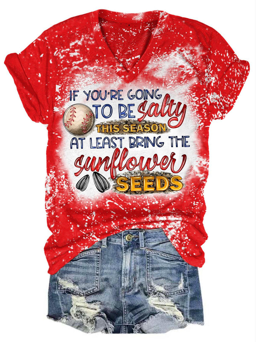 Salty Sunflower Seeds Baseball Print V-Neck T-Shirt