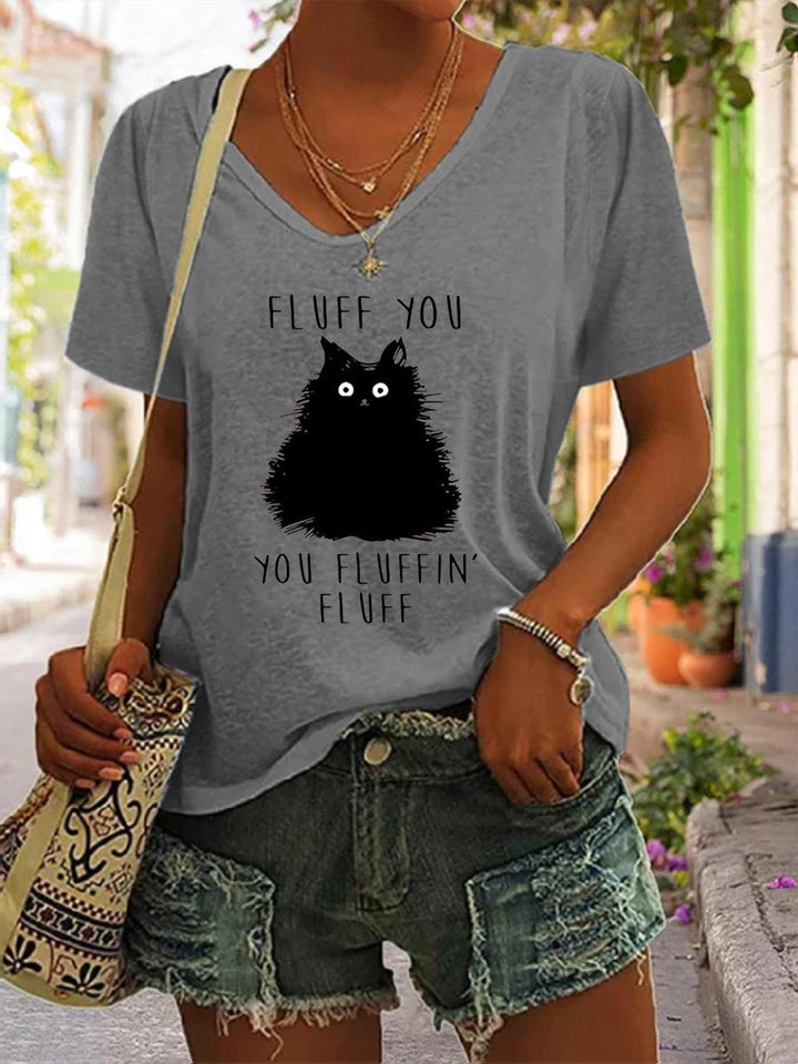 Women's Funny Cat Print V-Neck Solid Color Casual Top