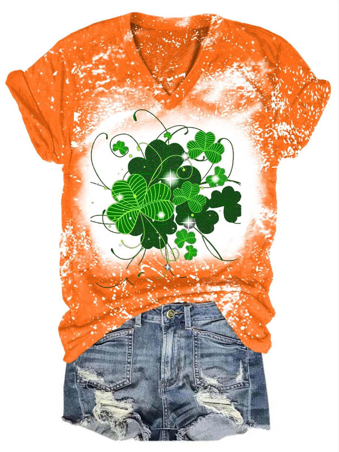 Glitter Clover Print Tie Dye Casual T-Shirt