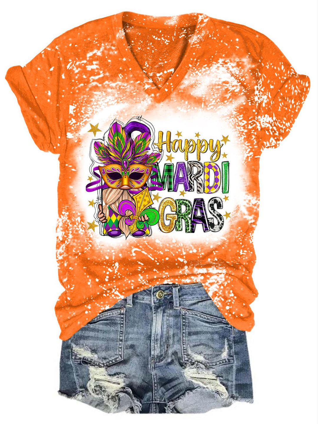 Women's Happy Mardi Gras Gnome Print Tie Dye Top