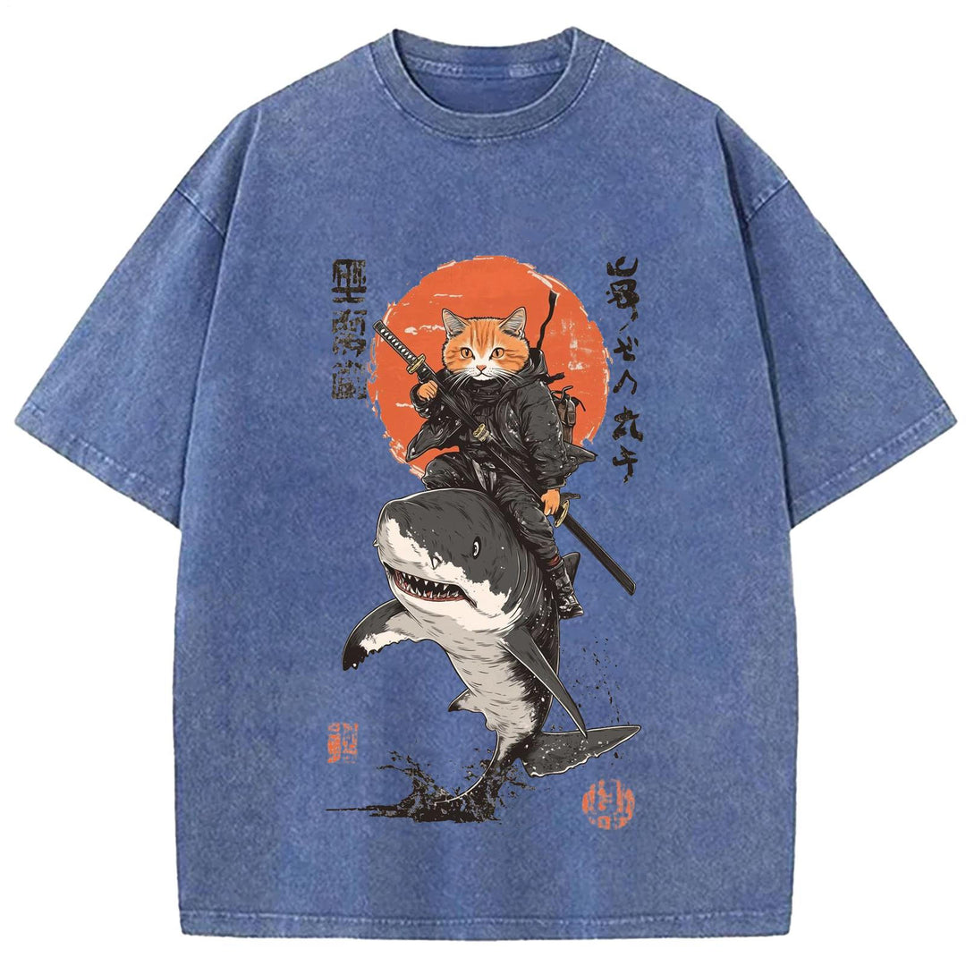 Japanese Cat Warrior Print Retro T-shirt