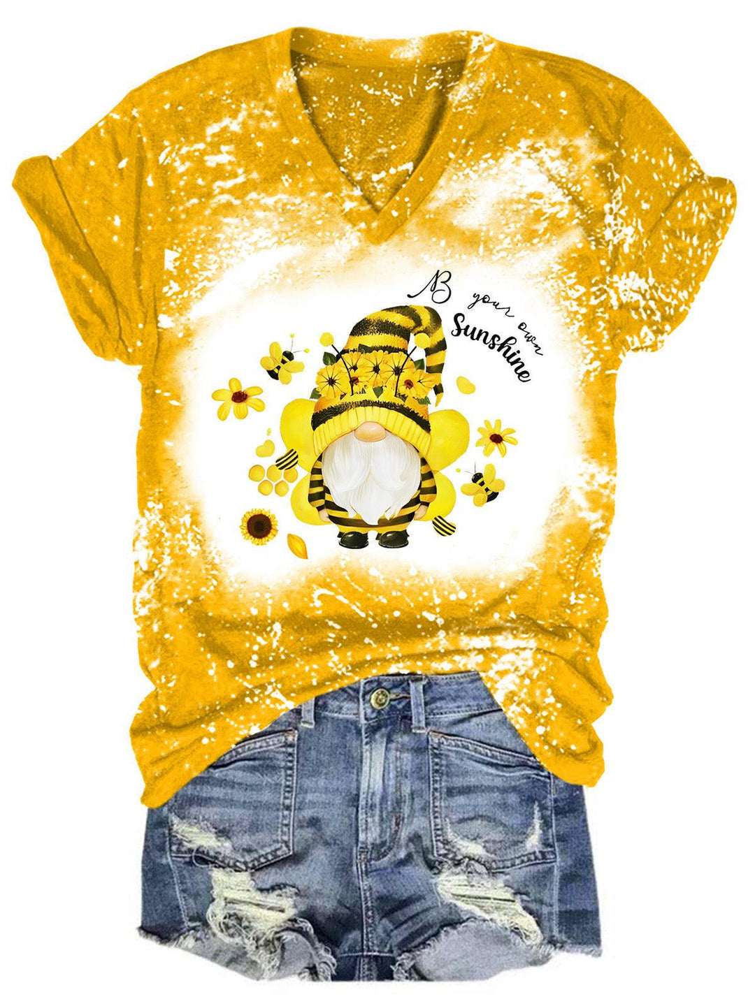 Women's Gnome Bee Print V-Neck T-Shirt