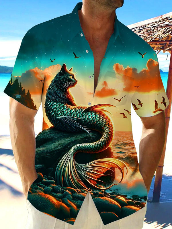 Cat Mermaid Sunset Beach Men's Pocket Short Sleeve Shirts