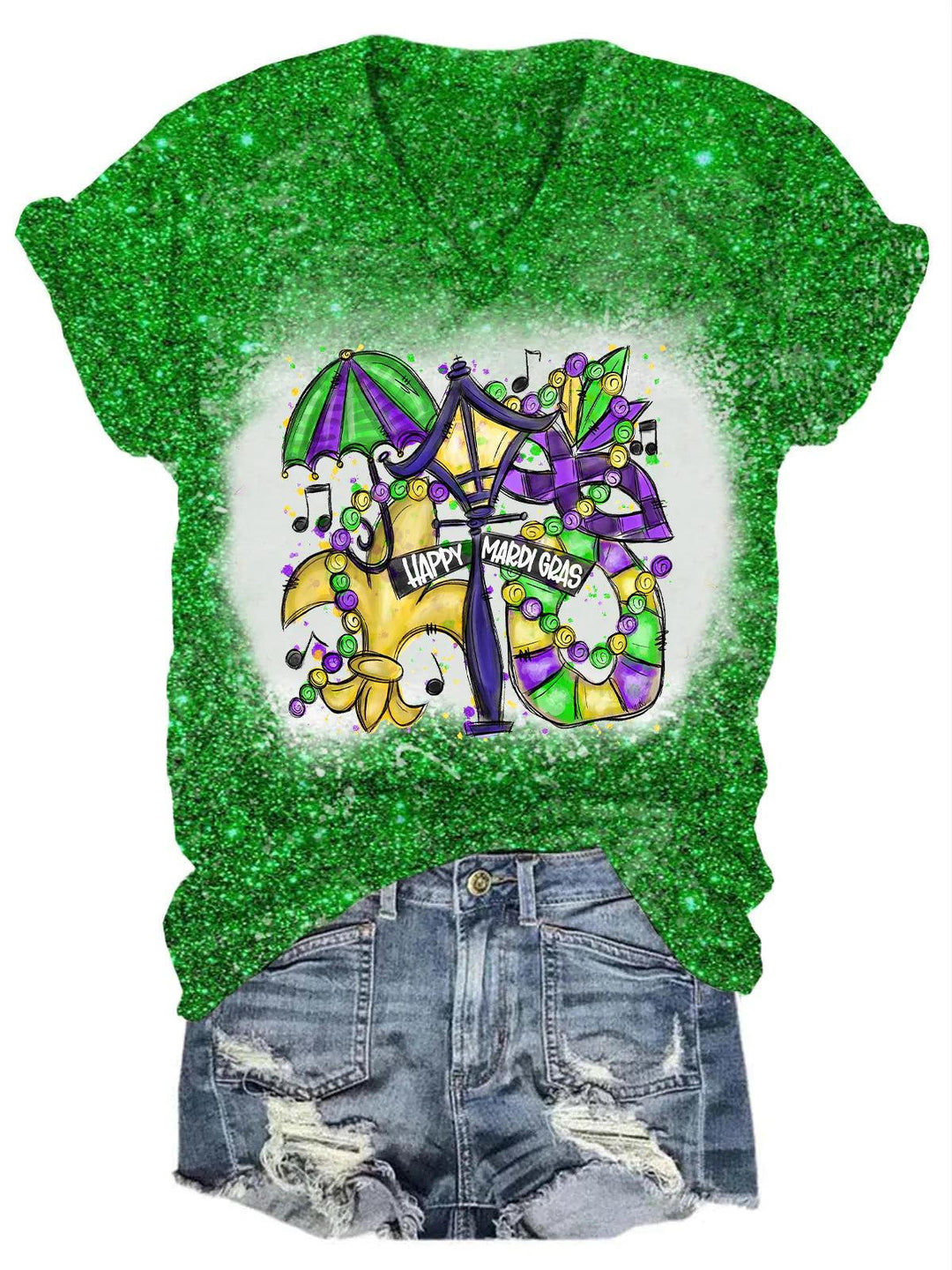 Happy Mardi Gras Glitter Casual Print V-Neck Top