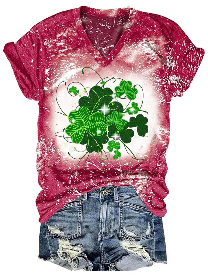 Glitter Clover Print Tie Dye Casual T-Shirt