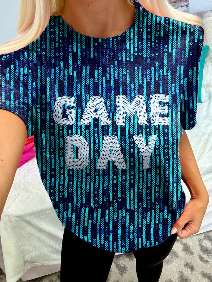 Football Imitation Sequined GAME DAY Printed Crew Neck T-shirt