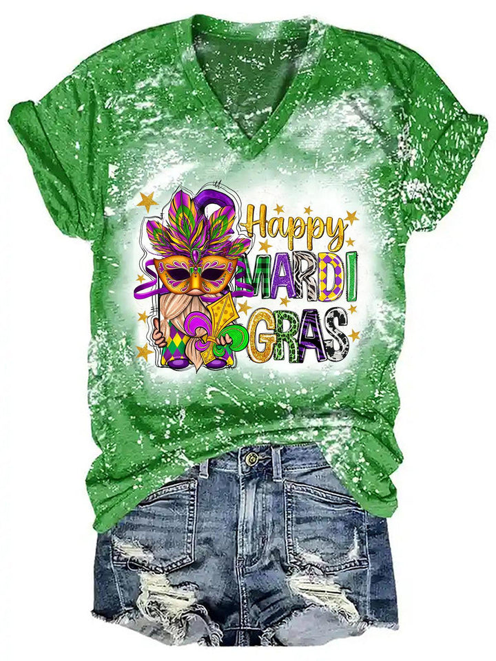 Women's Happy Mardi Gras Gnome Print Tie Dye Top