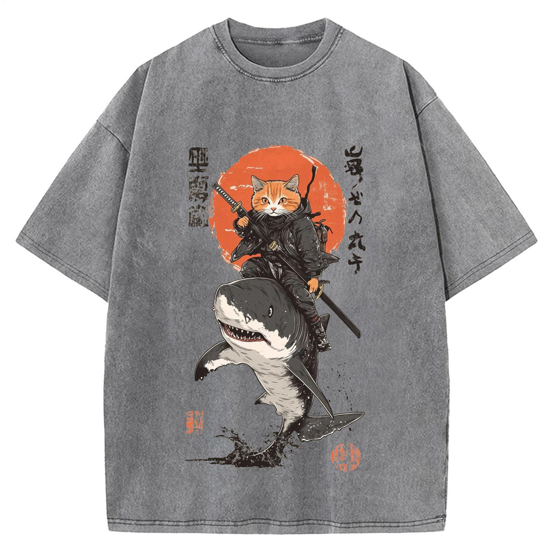 Japanese Cat Warrior Print Retro T-shirt