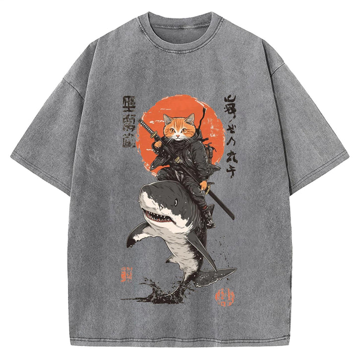 Japanese Cat Warrior Print Retro T-shirt