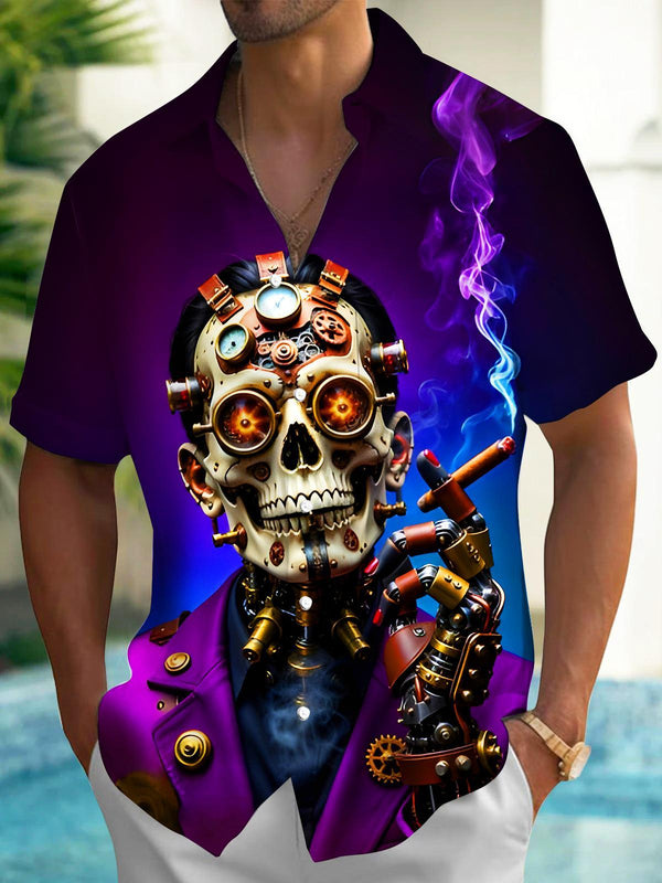 Dark Steampunk Skull Purple Smoke Men's Pocket Short Sleeve Shirts